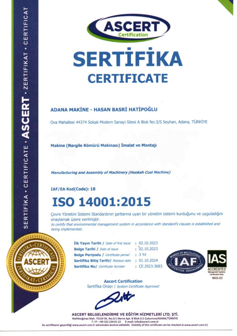 Makine Nargile Kömürü Makinası İmalat ve Montajı ISO 14001 2015