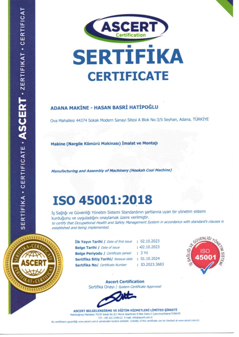 Makine Nargile Kömürü Makinası İmalat ve Montajı ISO 45001 2018
